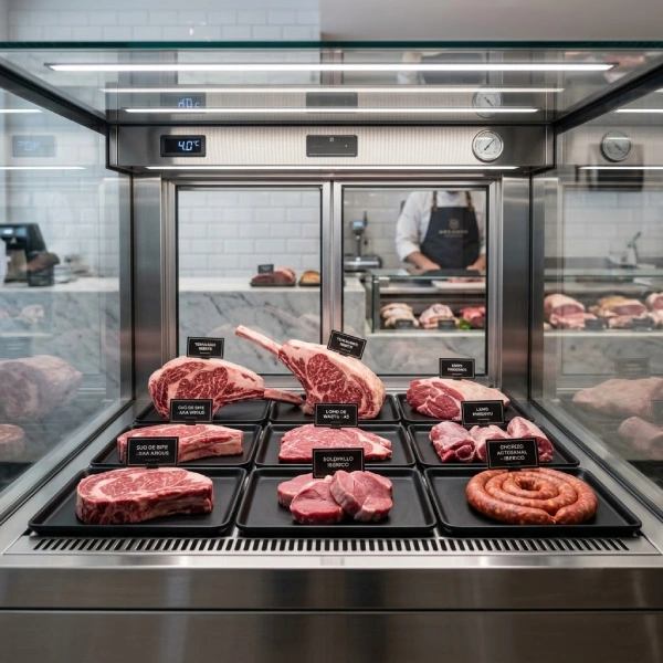 Vitrina carnicera con cortes de carne frescos de Ojeda Refrigeración
