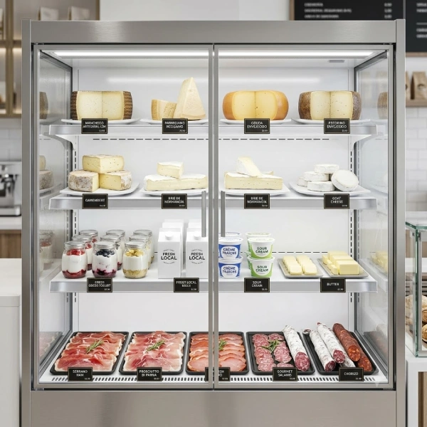 Refrigerador comercial con quesos y lácteos de Ojeda Refrigeración