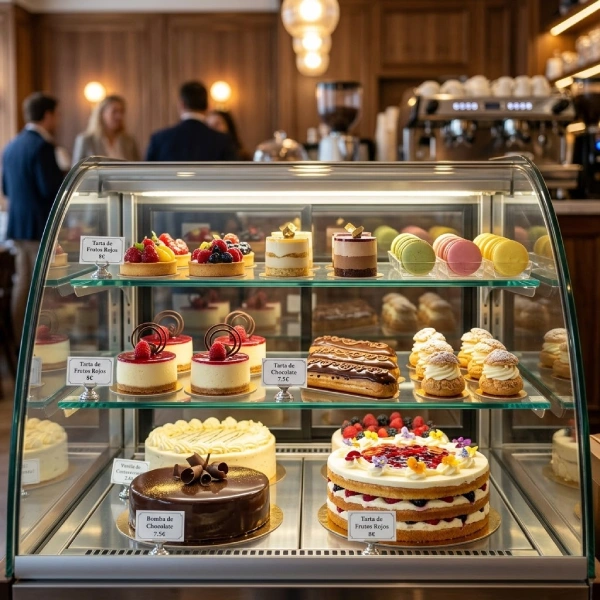 Vitrina pastelera exhibiendo pasteles y postres por Ojeda Refrigeración